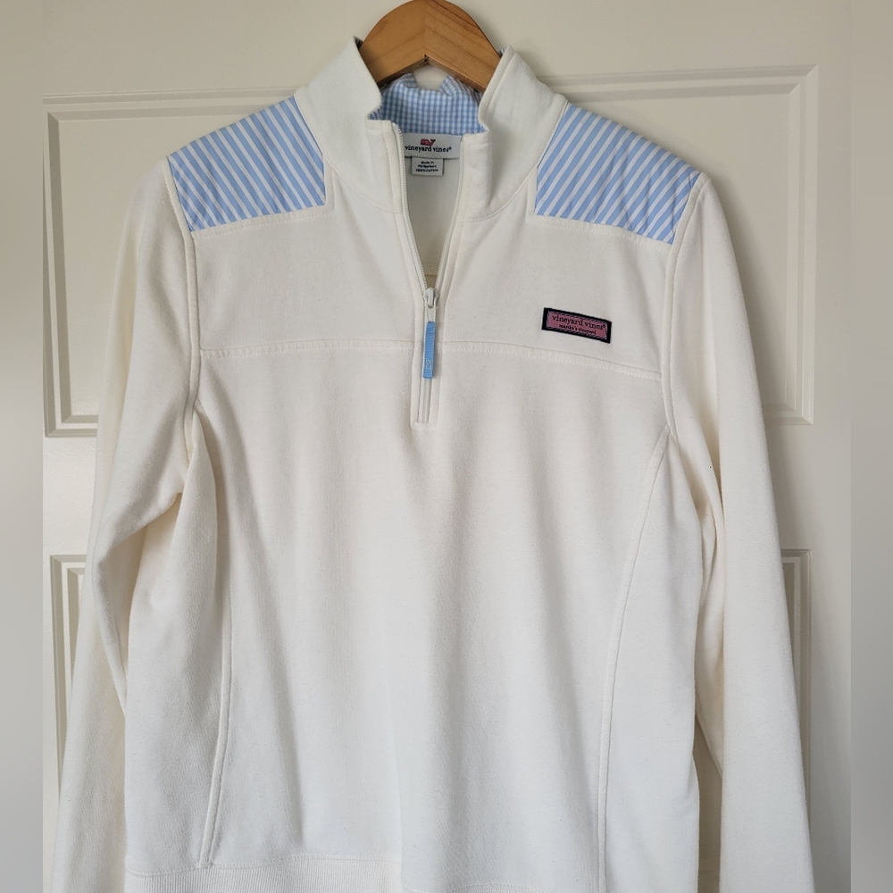 Vineyard Vines Shep White Quarter-Zip Pullover with Blue Stripe Accents